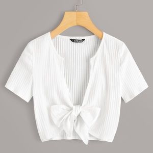 Plunging Neck Tie Front Rib-knit Crop Top